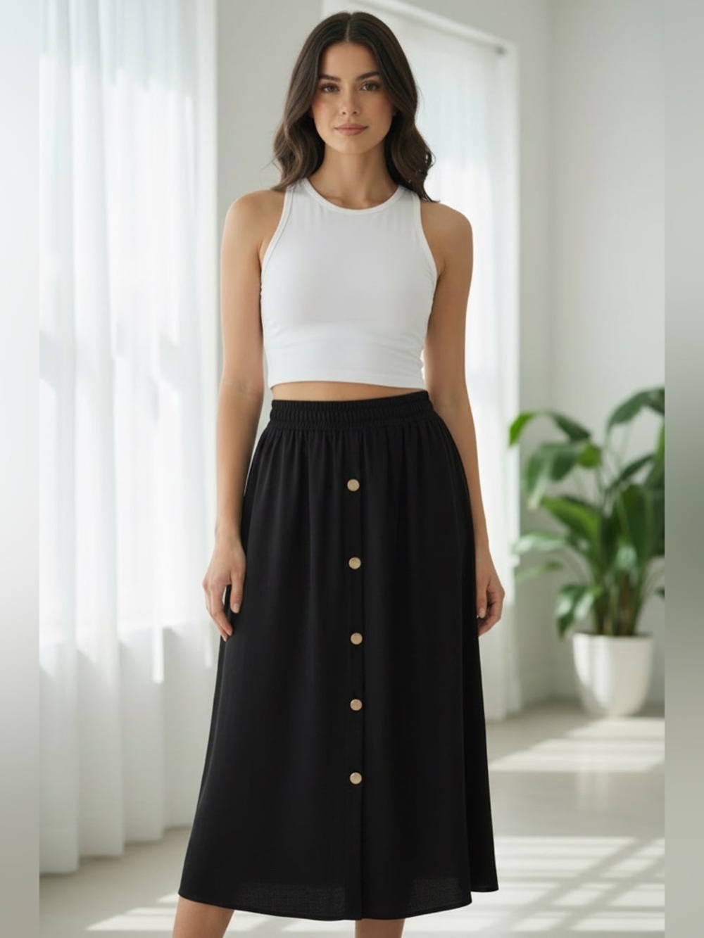 Button-Front Black Maxi Skirt with Elastic Waist